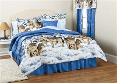 Blue White Wolf Wolves Lodge Cabin Queen Comforter Set