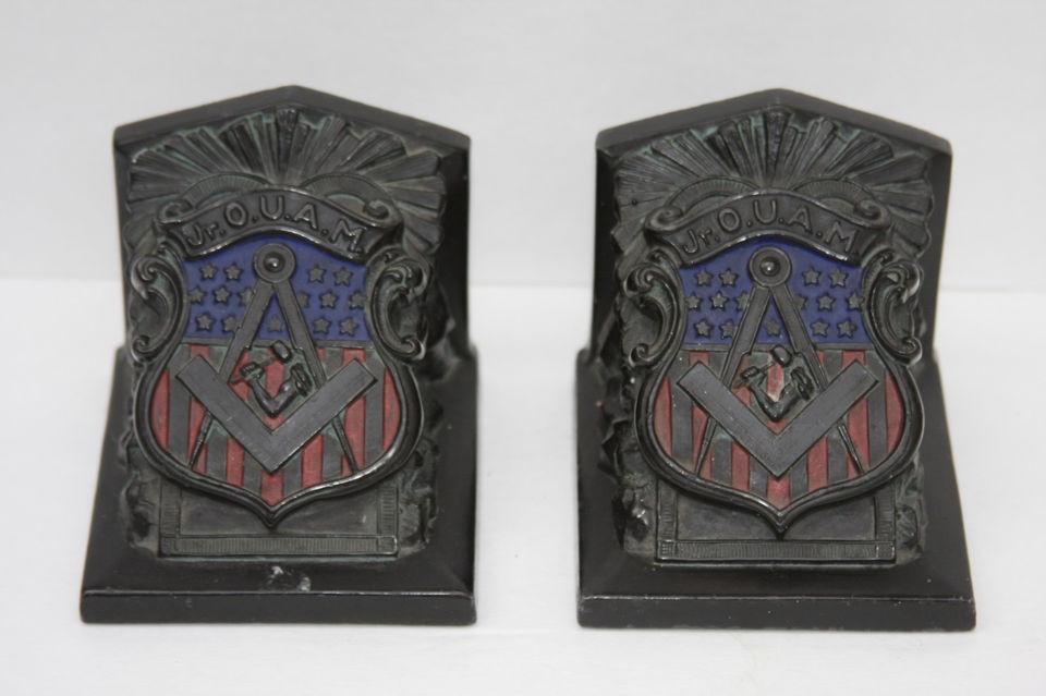 PAIR 1920s METAL Jr. O. U. AM MASONIC BOOKENDS   marked RONSON 1922