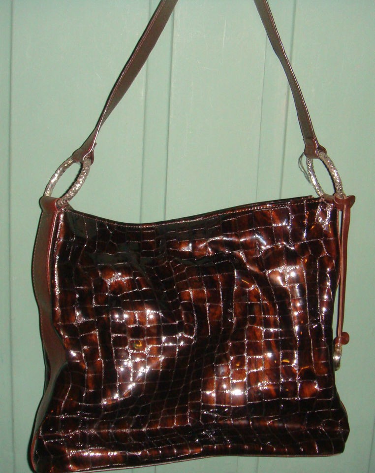 BRIGHTON BROWN PATENT LEATHER MOCK CROCODILE SHOULDER BAG PocketBook 