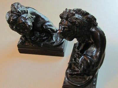 BRONZE LION BOOKENDS / BY PAUL HERZEL / POMPEIAN BRONZE CO. N.Y.