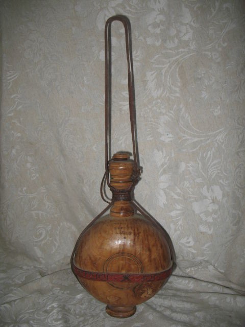 Vintage 1962 Wood Carved Leather Strap Canteen Souvenir