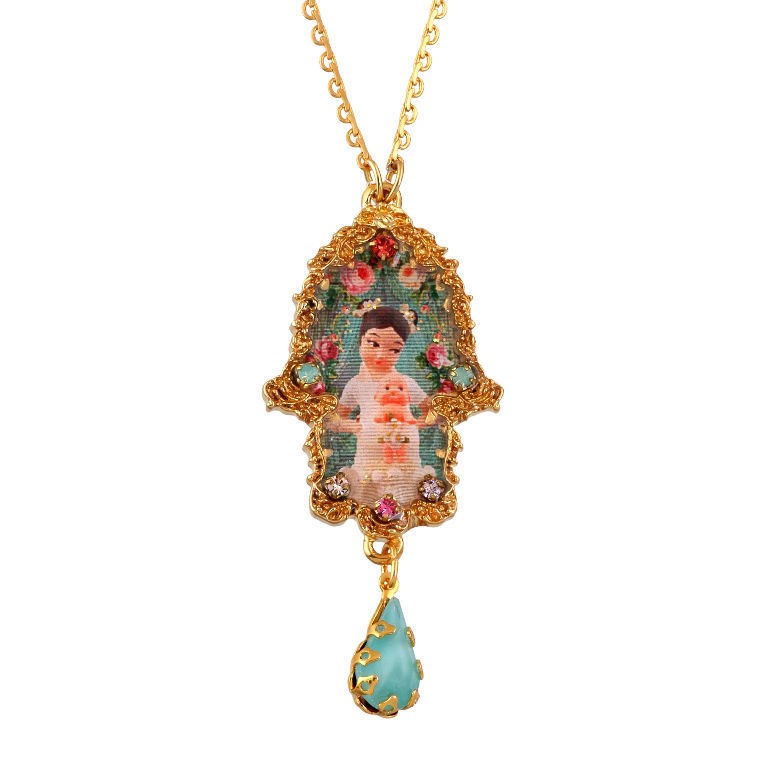   Gold Plated Hamsa Pendant w She Shy Ema Cameo & Blue Pink Crystals