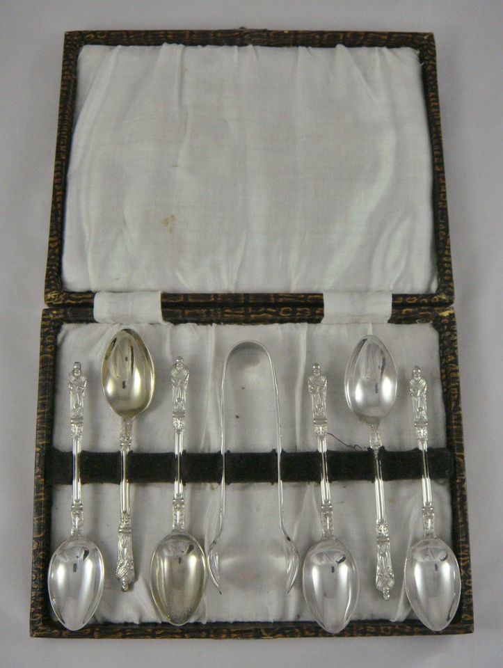   CASED SET VINTAGE SILVER EPNS APOSTLE TEA COFFEE SPOONS & SUGAR TONGS