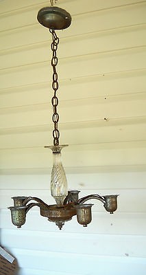 Antique CHROME GLASS Ceiling Fixture Chandelier CAST METAL HANGING 