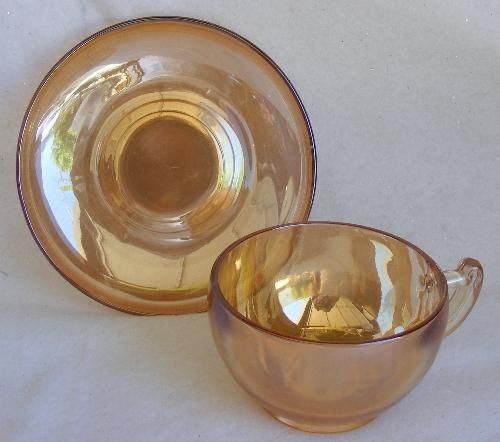 JEANNETTE GLASS 6 CUP & SAUCER SETS MODERNE MARIGOLD CARNIVAL GLASS 