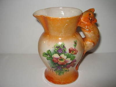   Creamer Pitcher Czechoslovakia Cat Handle Flowers Pottery Ceramic