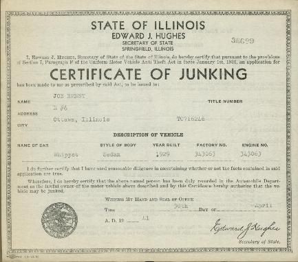 RARE ORIGINAL 1929 WHIPPET SEDAN JUNKING CERTIFICATE