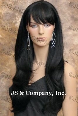 Human Hair Blend Heat Safe Long Straight Black Wig with bangs wil #1