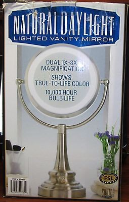 NATURAL DAYLIGHT LIGHTED VANITY MIRROR DUAL MAGNIFCATION 1X 8X TWO 