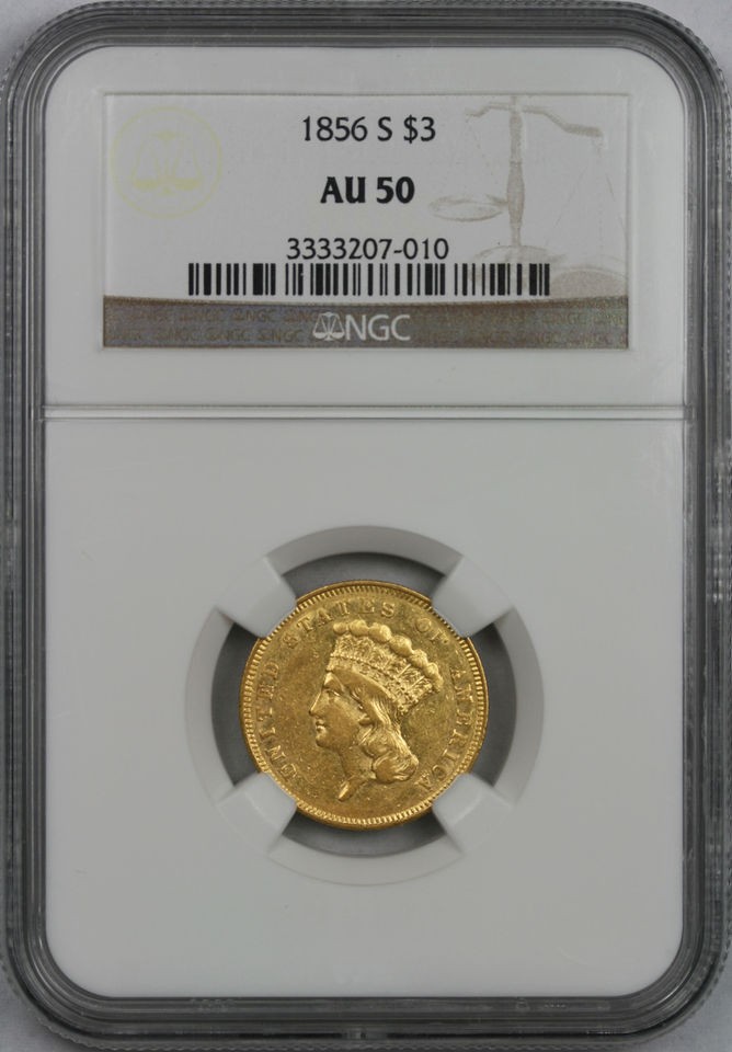 1856 S INDIAN PRINCESS HEAD THREE DOLLAR GOLD PIECE $3 AU 50 NGC