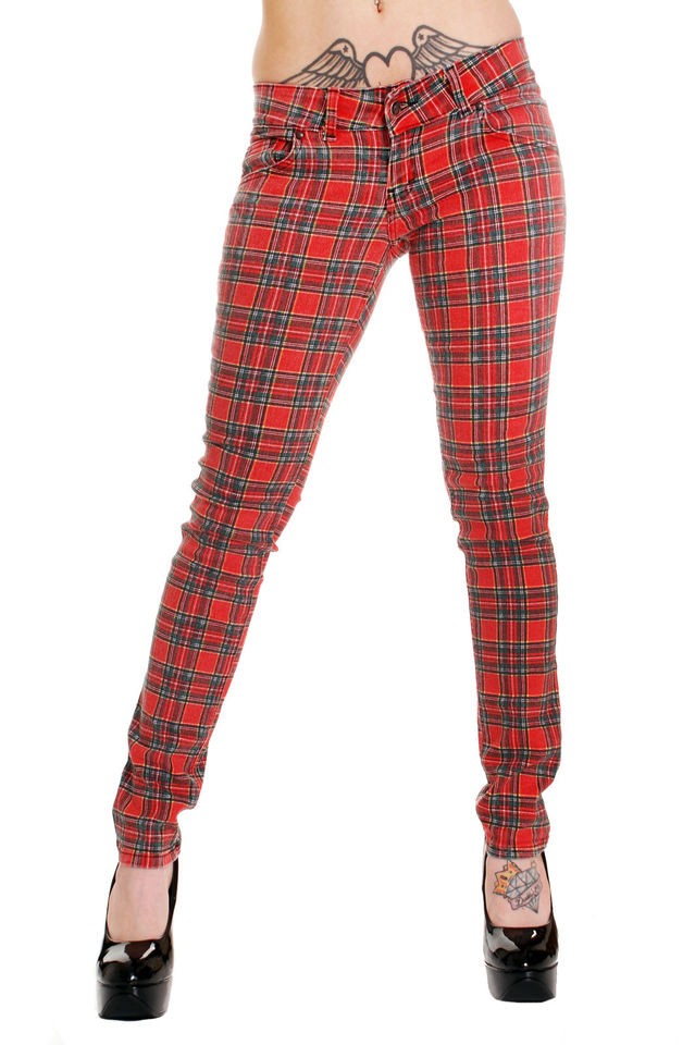 PUNK ROCK INDIE EMO PARTY RED TARTAN STONEWASH STRETCH SKINNY JEAN 8 