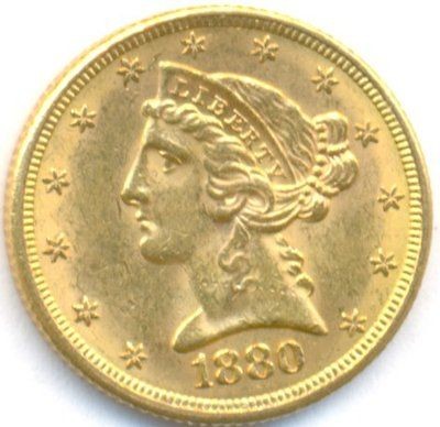 1880 GOLD 5 DOLLAR *CORONET HEAD* USA, UNCIRCULA​TED