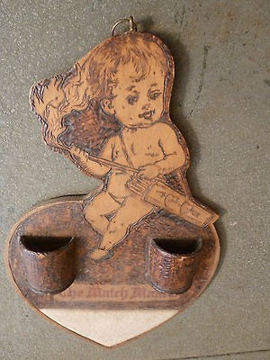 VINTAGE CARVED BURNED WOOD MATCHMAKER CHERUB ANGEL MATCH HOLDER W 