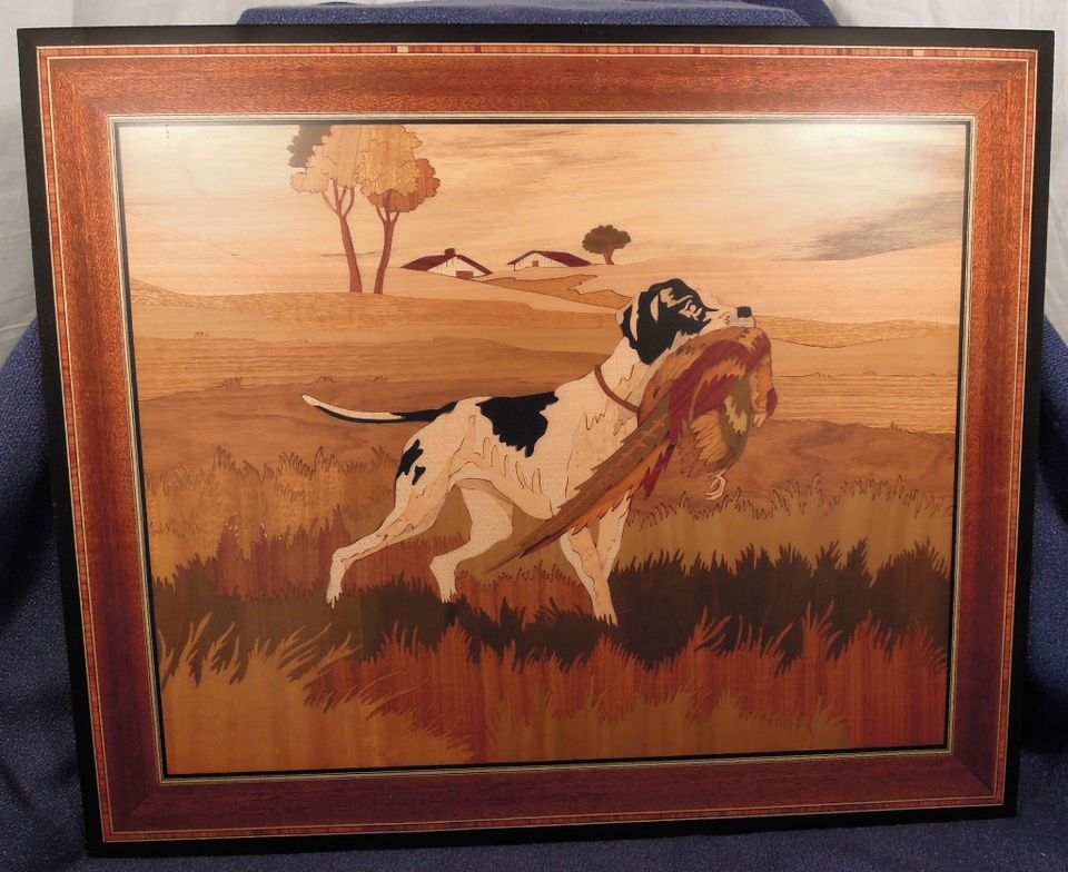 Italian Art Notturno Wood Inlaid Dog Hunting Pheasant