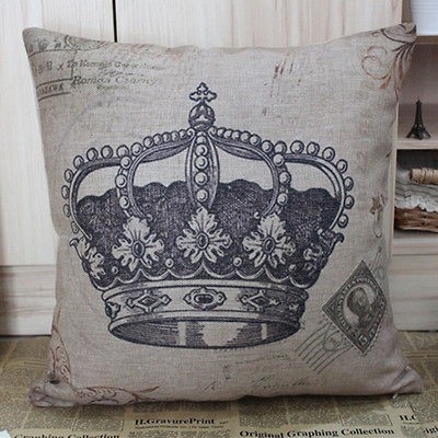 vintage linen retro stamp & crown pattern decorative pillow cover 