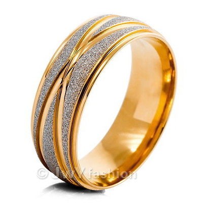 Size 8 12 MENS Gold Stainless Steel Striped Scrub Rings Wedding Band 