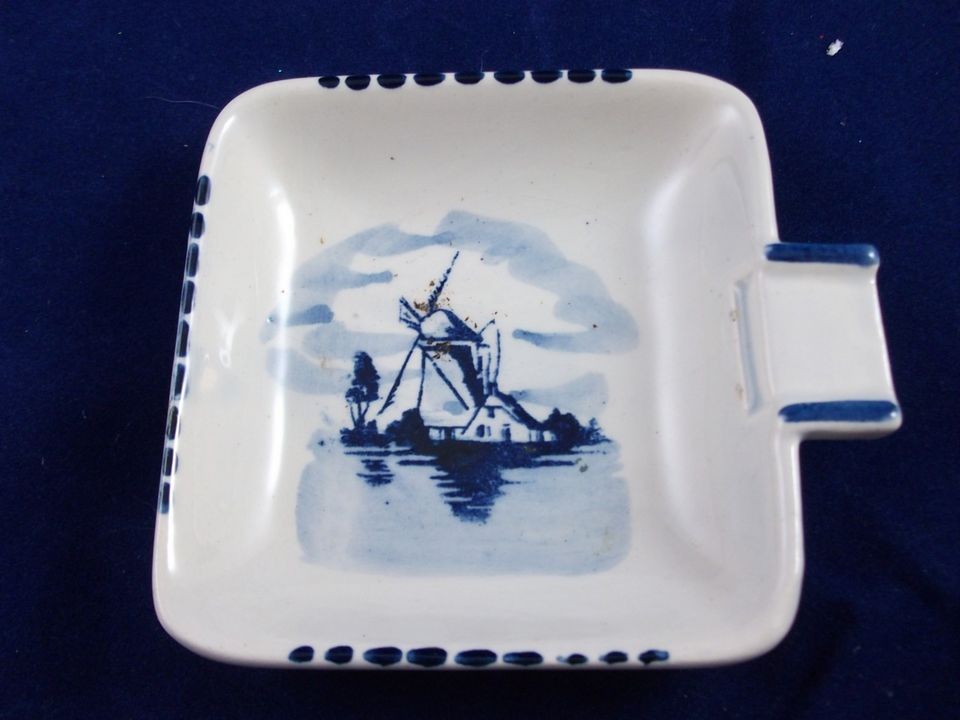   Windmill Ashtray White Porcelain w/ Blue Handpainted Seaside Landscape