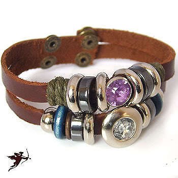 Leather bracelet wristband purple clear jewels ethnic handcraft 