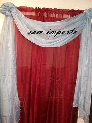 3Pcs. 1 slate blue scarf valance w/ 2pc burgundy sheer panel curtains