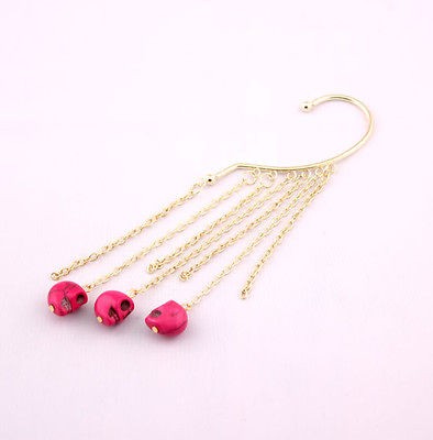   Gold Metal Rose Red Tophus Skull Long Tassels Ear Cuff Earring Hook