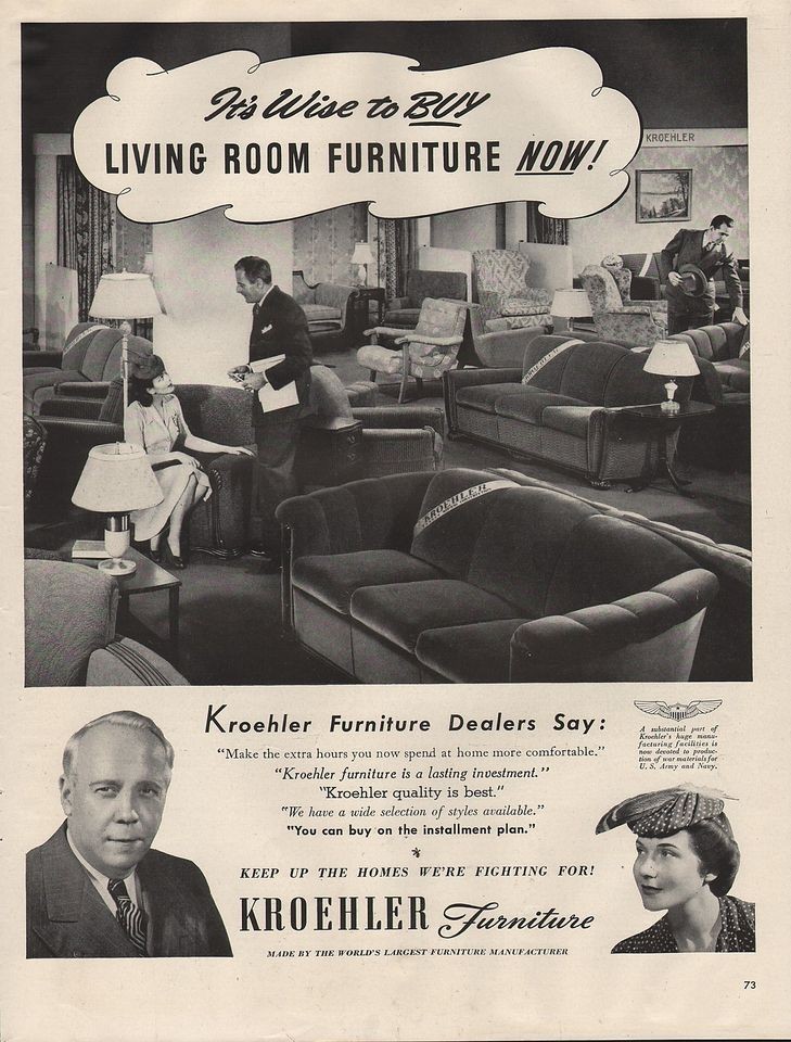   VINTAGE KROEHLER ITS WISE TO BUY LIVING ROOM FURNITURE NOW PRINT AD