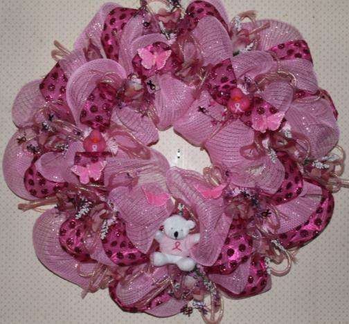 WREATH DECO MESH PINK FOR THE CURE WITH BEAR, ROSES, DUCKS 