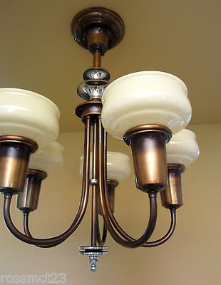   antique 1930s Art Deco Markel chandelier Custard Glass Shades