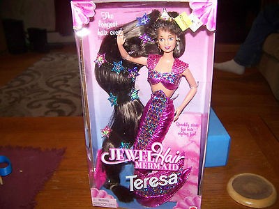 BARBIE JEWEL HAIR MERMAID TERESA PINK TAIL LONG BROWN HAIR 1995 MIB