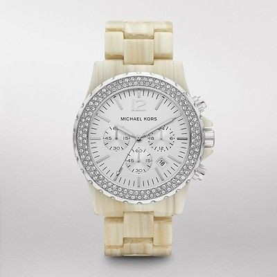 NEW Michael Kors White Horn Oversized Chronograph Glitz Watch MK5598 $ 