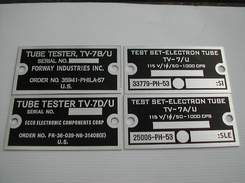 TV 7 TV 7A/U TV 7B/U TV 7D/U tube tester name label data tag plate 