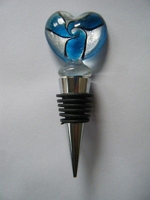 Murano Art Glass Turquoise Blue & Silver Heart Shaped Bottle Topper 