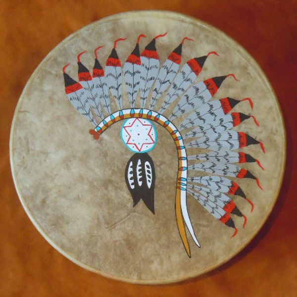 Native American 18 Taos Drum, Cowhide Circular Headdres Drum, Shamans 