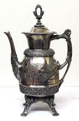 ANTIQUE AESTHETIC SILVERPLATE COFFEEPOT TEAPOT MERIDEN W BIRDS FACES 