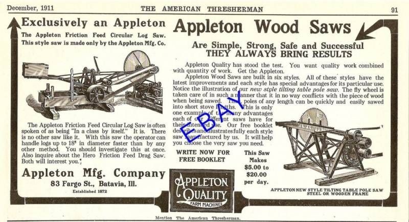 1911 APPLETON CIRCULAR LOG SAW MILL AD BATAVIA ILLINOIS