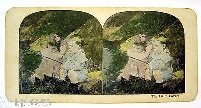 ANTIQUE OLD PHOTOGRAPHIC IMAGE THE LITTLE LOVERS STEREOSCOPE CARD 