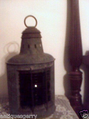 ANT. BARGE/SHIP HTF BLUE GLASS HEAVY DUTY METAL LAMP/LANTERN 12 W/2 