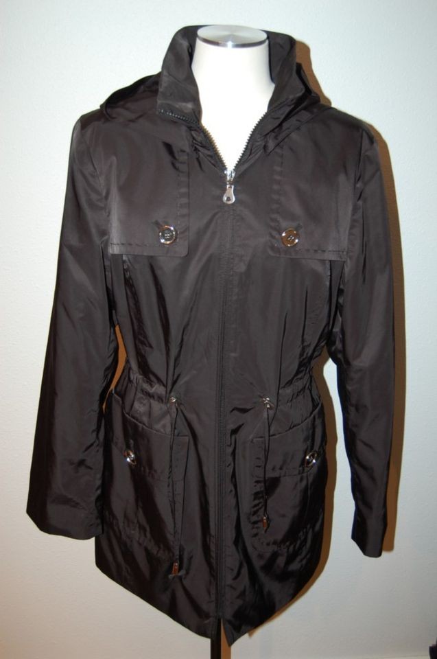 Glam ANNE KLEIN black SHINY NYLON LIKE POLYESTER rain TRENCH JACKET sz 