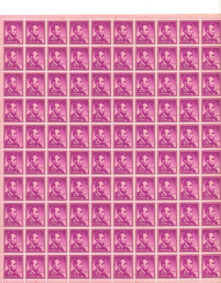 Abraham Lincoln Sheet of 100 x 4 Cent US Postage Stamps NEW