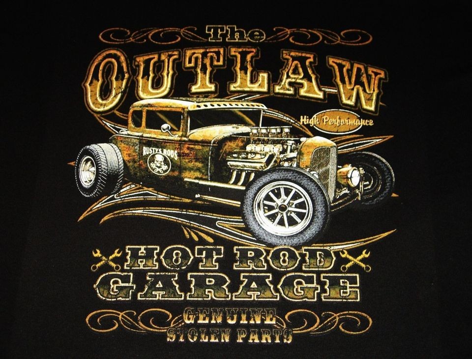 THE OUTLAW HOT ROD GARAGE T Shirt Biker Stolen Parts Retro Cars Cool 