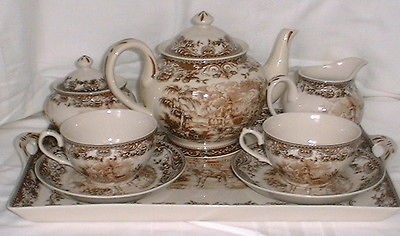   TEA SET Charleston SC toile pattern Pot Tray Cream Sugar Cups