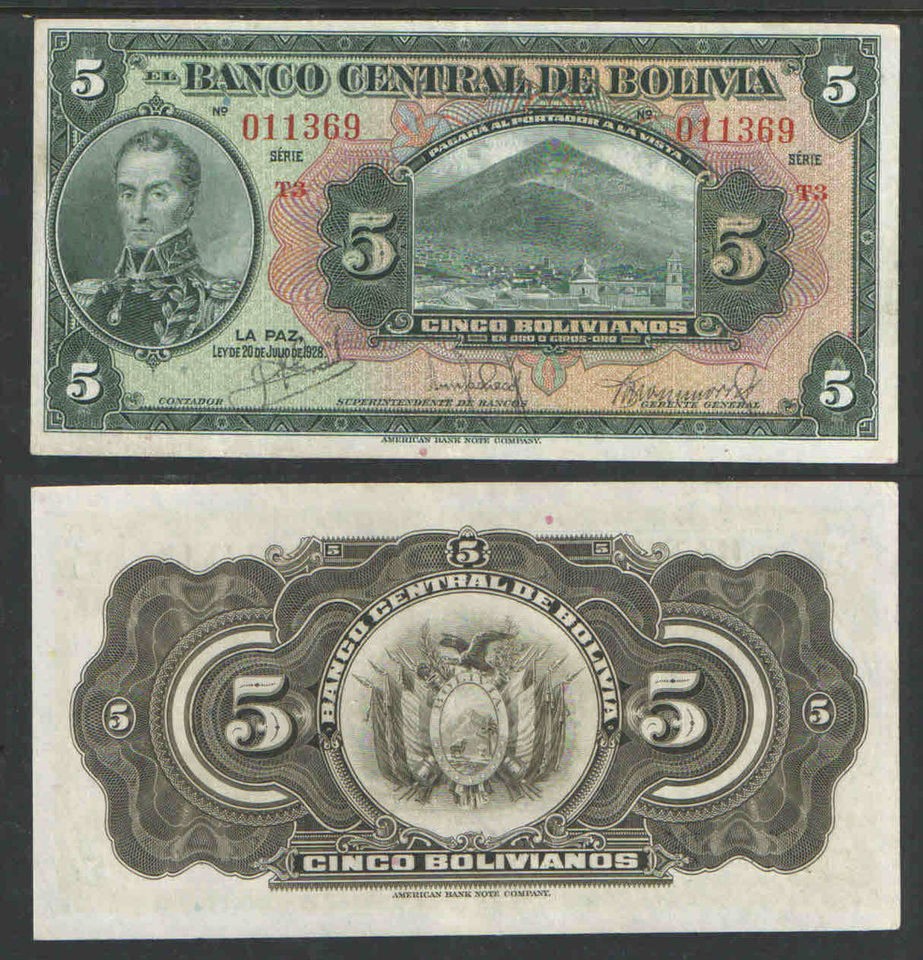 BOLIVIA 1928 5 Bolivianos P120 About UNCIRCULATED Catalog Value = $8