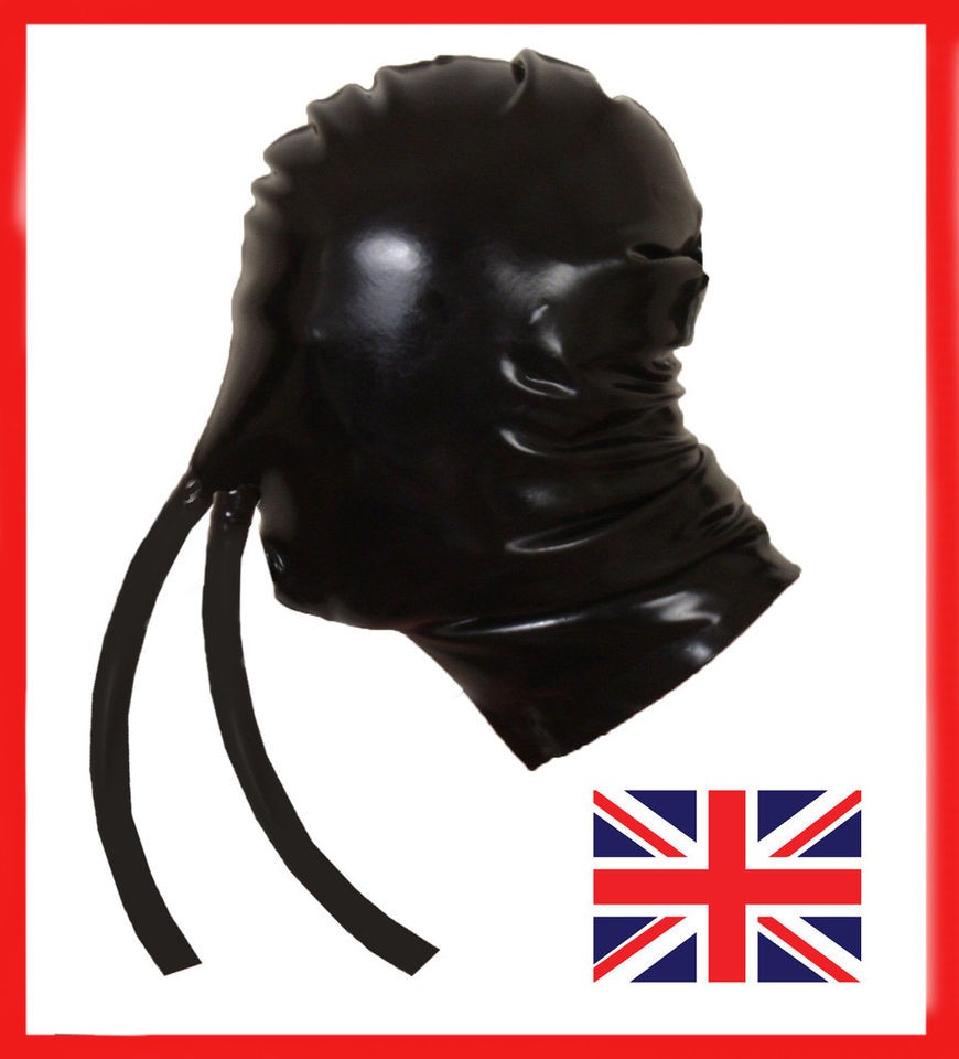 BLACK PREMIER LATEX RUBBER FULL FACE MASK HOOD + NOSE BREATHING TUBES 