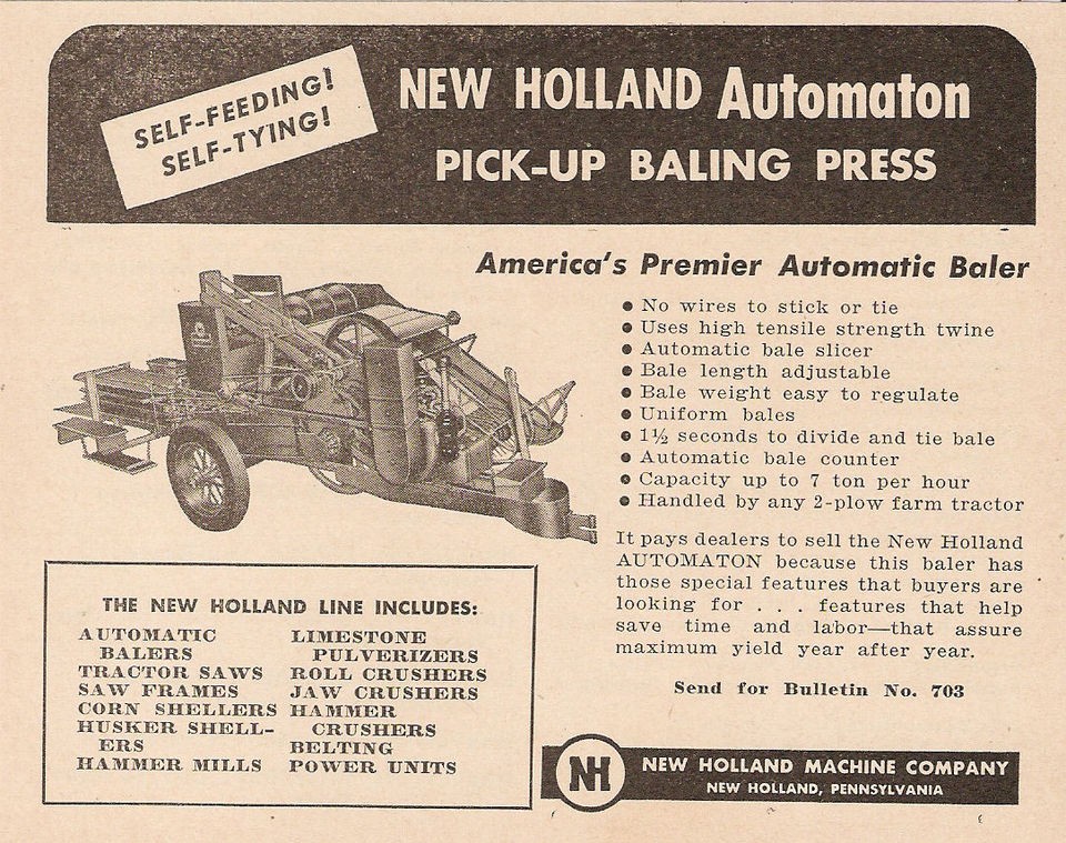   HOLLAND AUTOMATON PICKUP BALING PRESS SQUARE HAY BALER AD PENNSYLVANIA