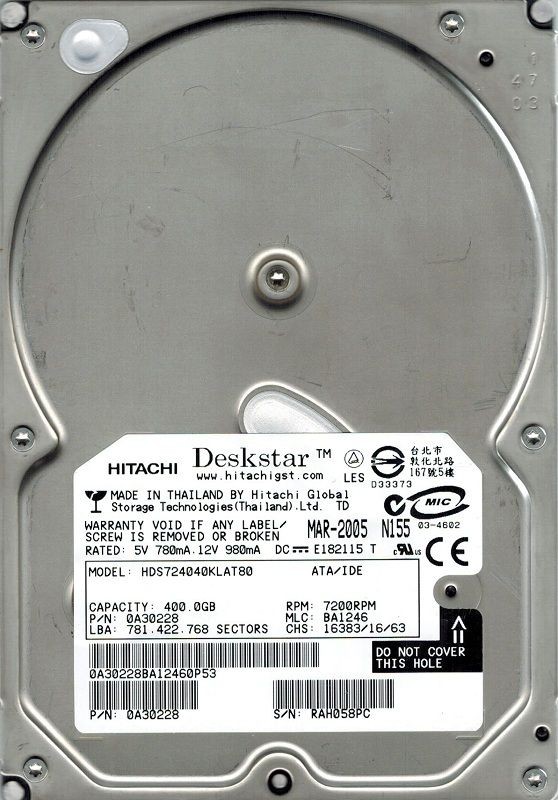 HITACHI HDS724040KLAT80 P/N 0A30228 400GB MLC BA1246