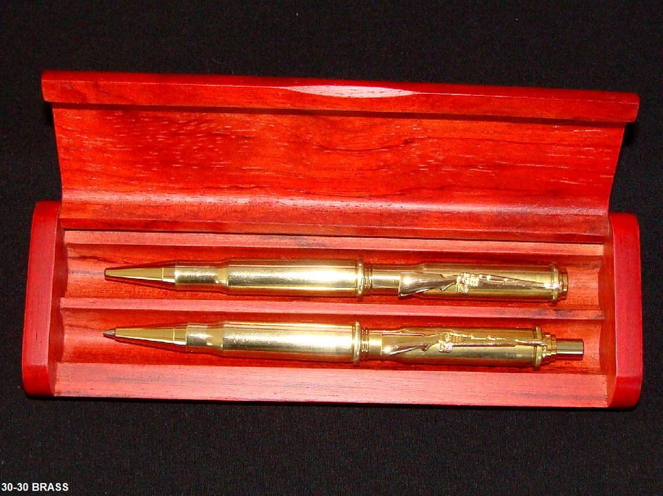 BULLET PEN & PENCIL SET 30 30 CAL. BRASS RIFLE CASINGS WITH WOOD BOX