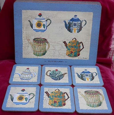   TEA IN THE GARDEN TEAPOTS ENGLAND HARDBOARD PLACEMATS 6 COASTERS 6