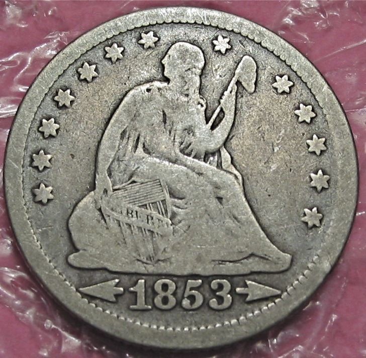 1853 LIBERTY SEATED QUARTER DOL. ARROWS & RAYS ONE YEAR TYPE. NO 