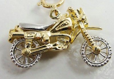 14K White Yellow Gold Motorcycle Charm 3D Spinning Wheels Bike Scooter 