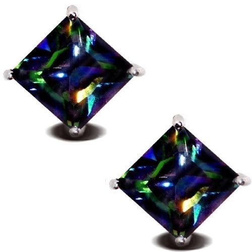 Rainbow Peacock Topaz Square Basket Men Stud Earrings