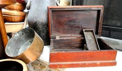   HANDMADE WOOD TOOL,SEWING BOX, SM BLANKET CHEST early red paint